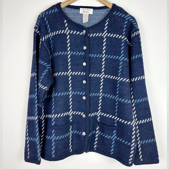 Tally Ho Vintage Navy Blue Checked Cardigan Sweater - Picture 1 of 8